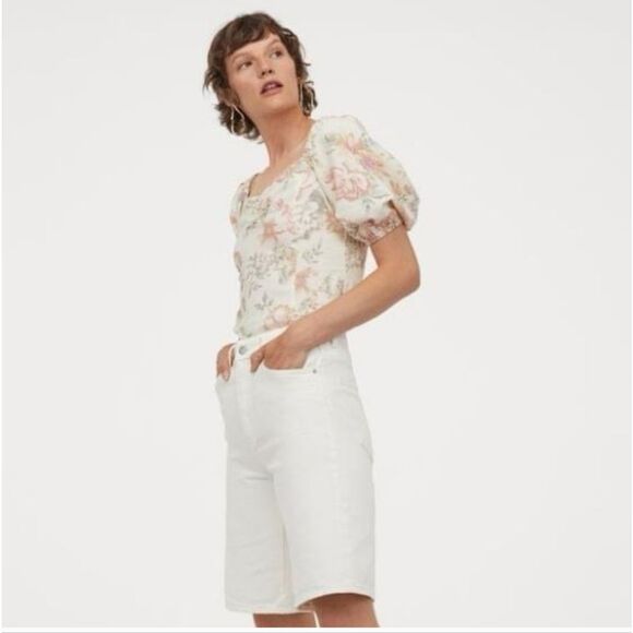 Linen square neck puff sleeve cropped blouse floral size M - Picture 12 of 14